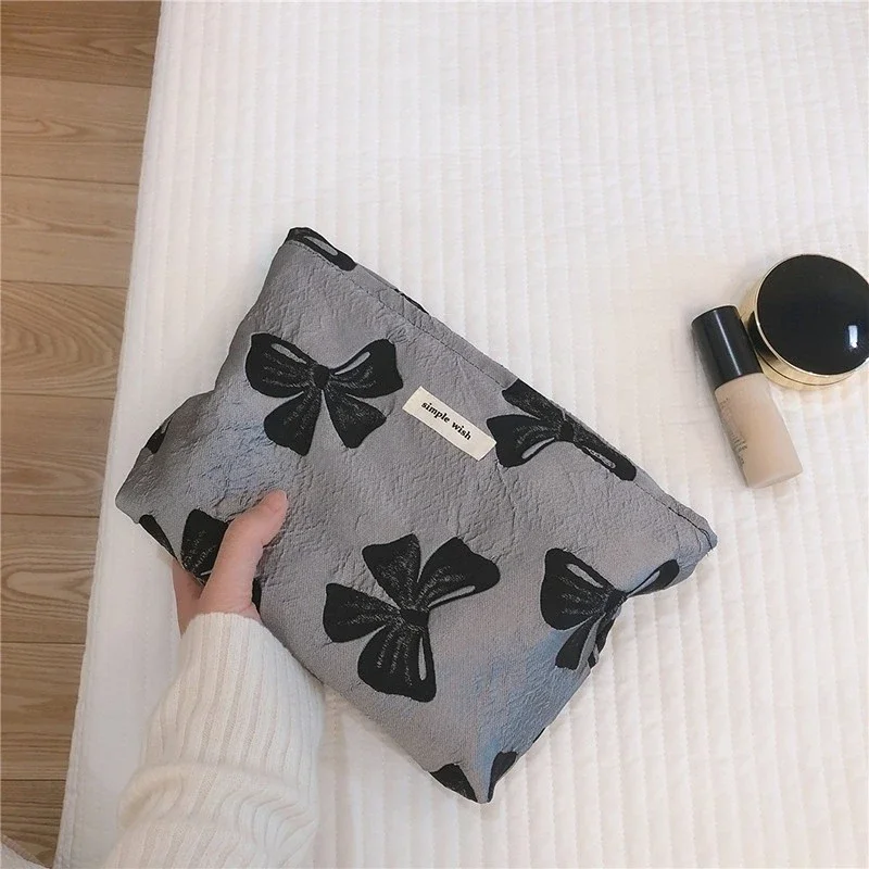 Canvas Makeup Bag Bow Large Cosmetic Pouch Necesserie Make Up Organizer Canvas Beauty Case Storage Women Travel Toiletry Bag