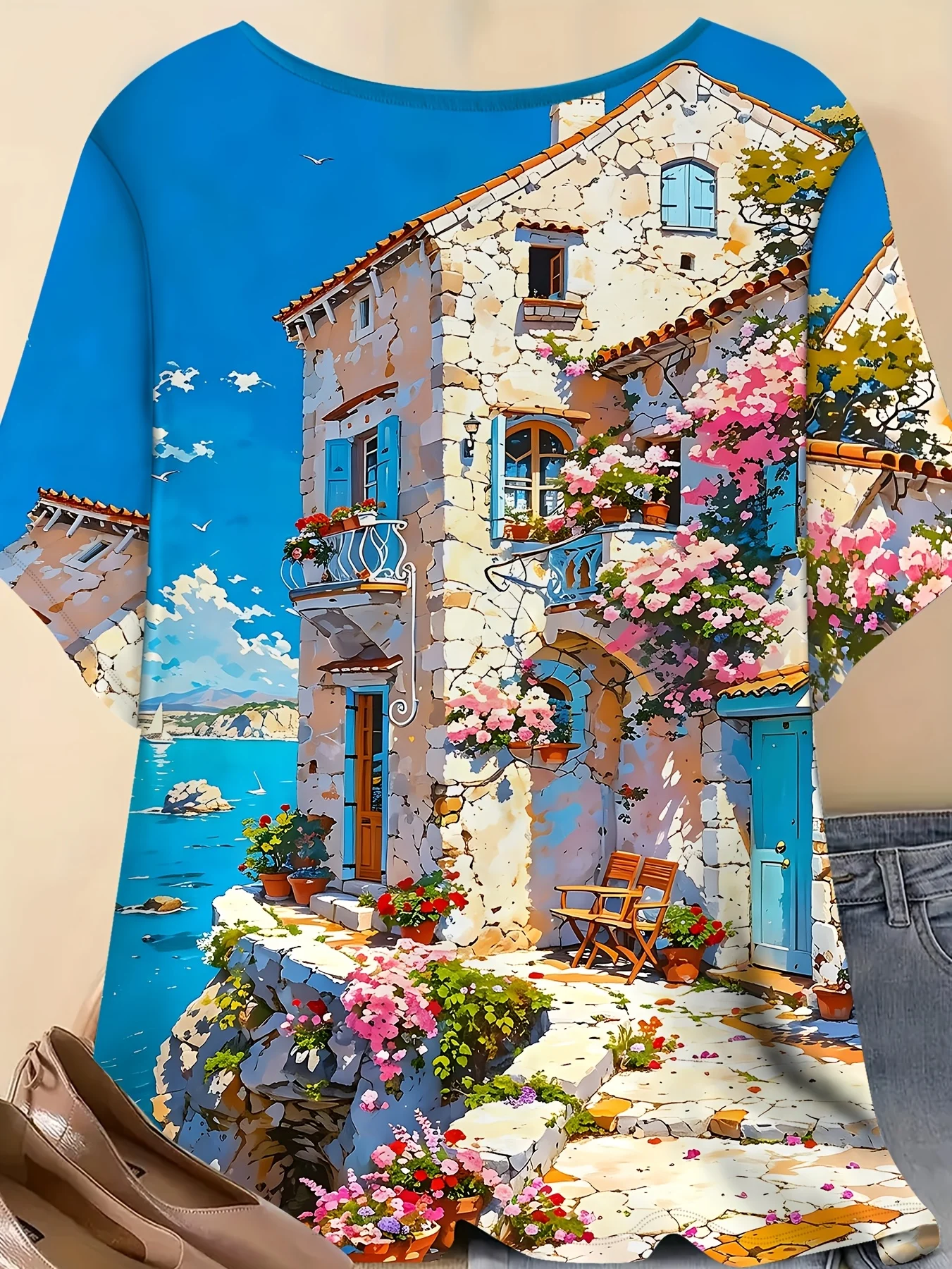 Women Crew Neck Short Sleeve T‑Shirt, Mediterranean Coastal Town Oil Painting Scenery Floral House Graphic Tee