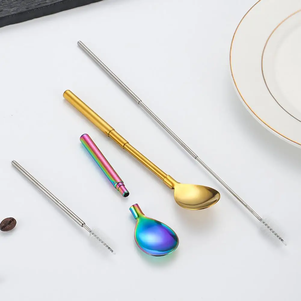 Stainless Steel Straw Spoon Reusable Stainless Steel Straw Stainless Steel Retractable Straw Spoon Set Two-in-one for Portable
