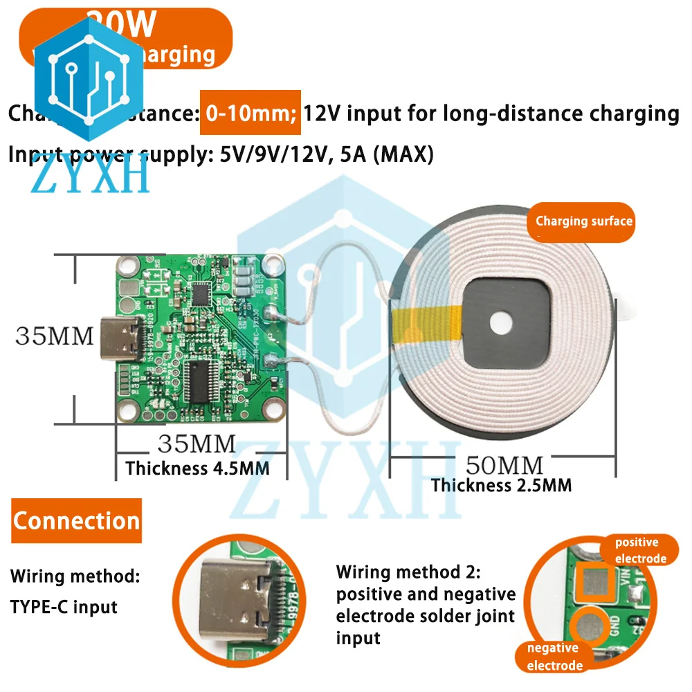وحدة إرسال شاحن لاسلكي Type-C لوحة دوائر ، QI Standard ، DC 12V ، شحن سريع لشاوميو ، هواوي ، آيفون ، 20 واط ، 22 واط