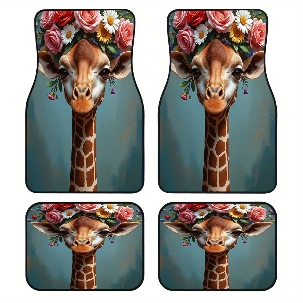 4pcs Vehicle Floor Mats Featuring Easy Maintenance Surfaces And Giraffe Floral Portrait Motif, Suitable For Minivans Or Sedans,