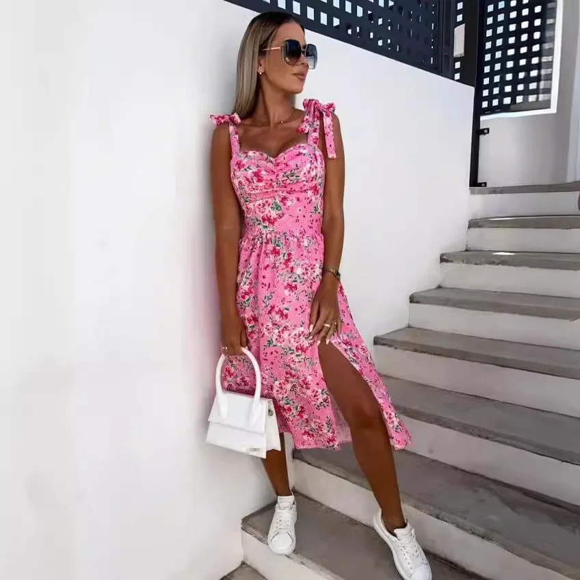 

Sleeveless Sexy Camisole Waistband Slit Dress New Women's Sweet Beach Style Printed Short Skirt