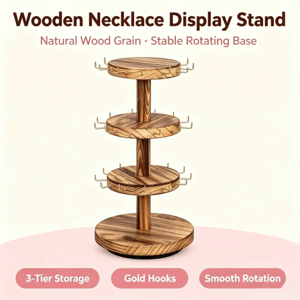 43*17.5cm Jewelry Display Stand 360° Rotatable Base Rustic Vintage Finish Wooden Necklace Display Stand Metal Hooks