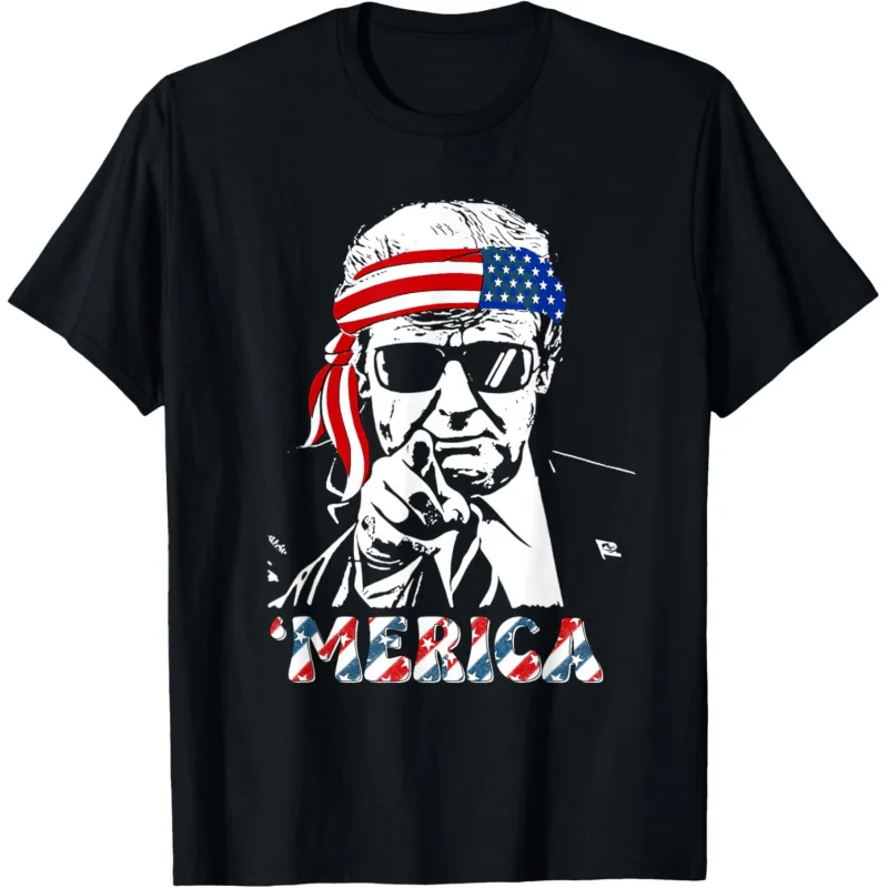 Men's and Women's Sports and Leisure Fashion Short Sleeves MERICA TRUMP July 4th Happy Trump US Flag T-shirt