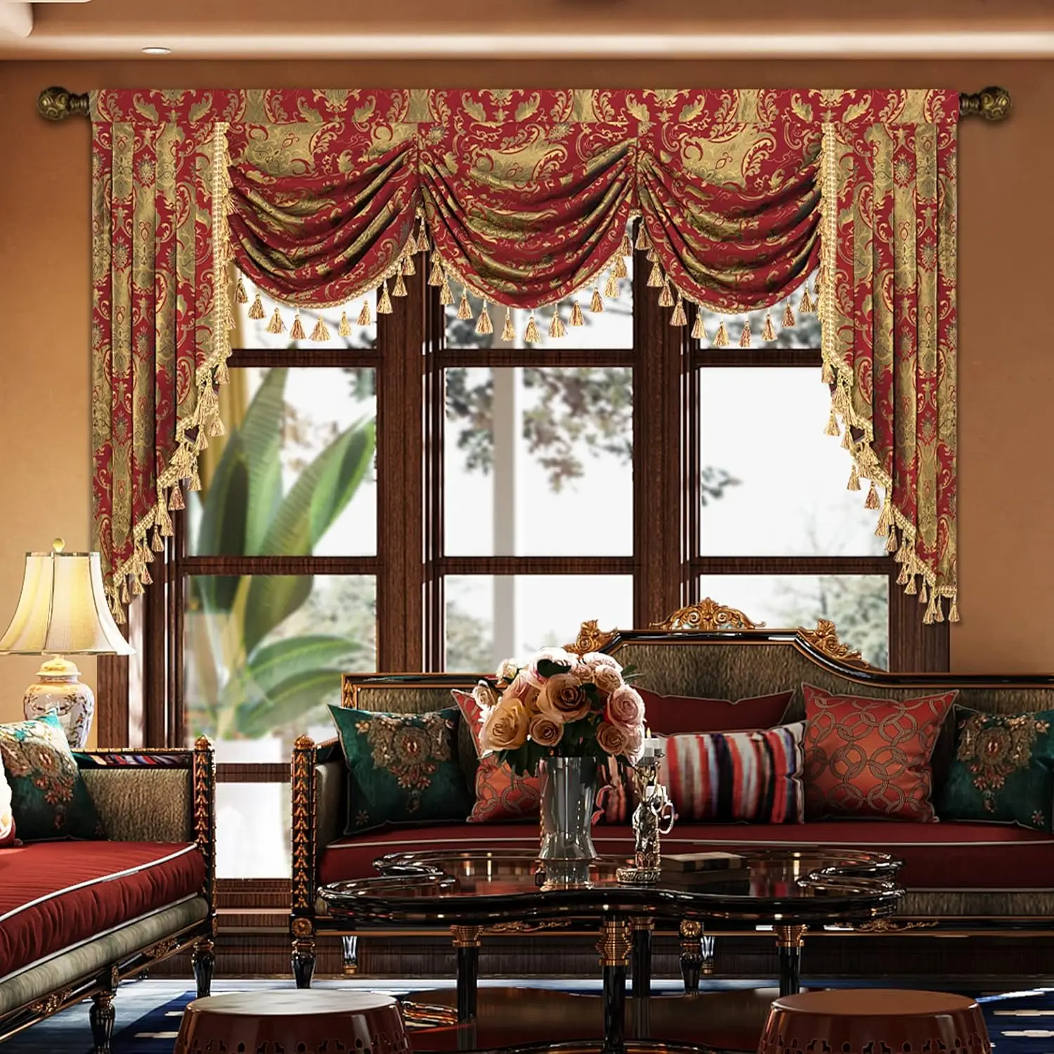 

Luxury Waterfall Valance For Living Room, Classic Damask Jacquard Swag Valances With Tassels, Red Swag Ains For Bedroom Windows