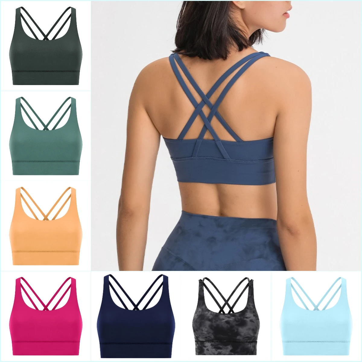 

Solid Color Women Fitness Sports Bra Top Gym Yoga triangle backless Athletic Back Cutout Cross Tight Workout Soft With Chest Pad