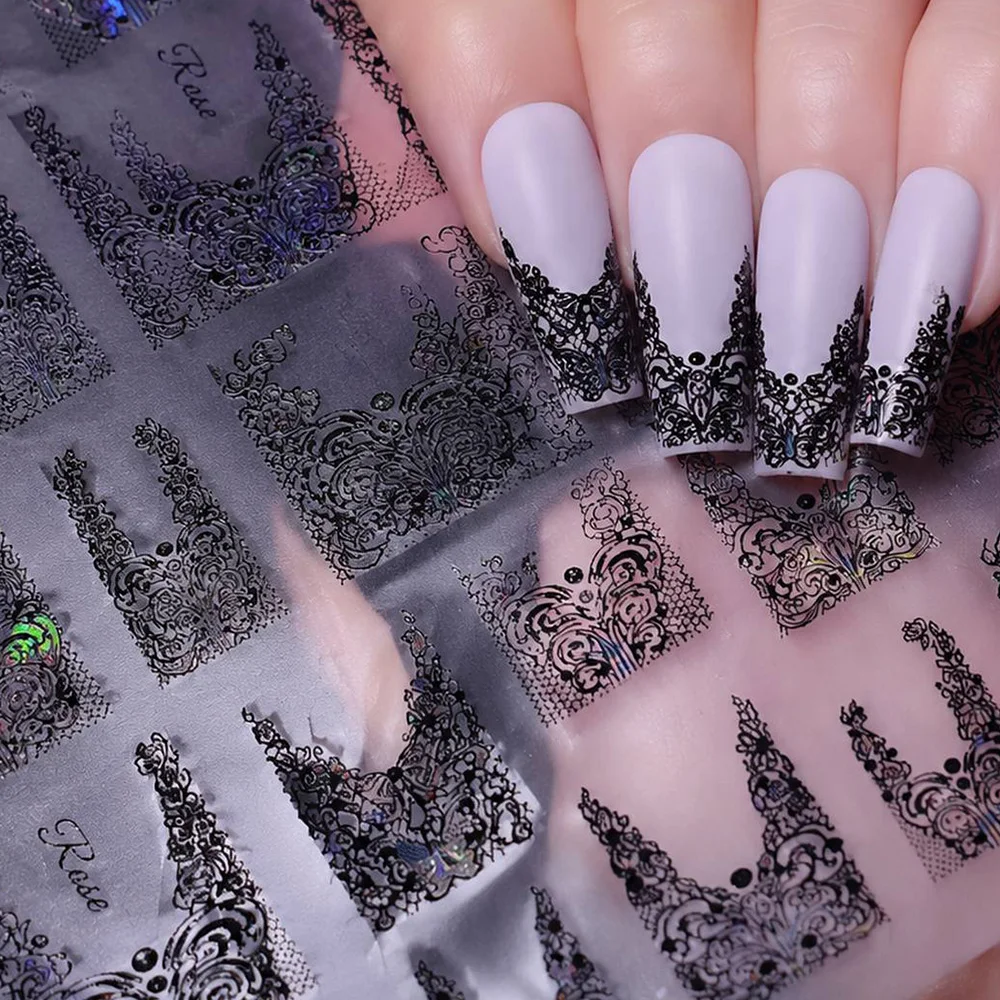 1 Stück 5D Gothic Elegante Spitzen-Nagelkunst-Aufkleber V-förmiges französisches Spitzen-Design Nagelsticker Selbstklebender Spitzen-Nagelslider 8*10cm # – Detail 2