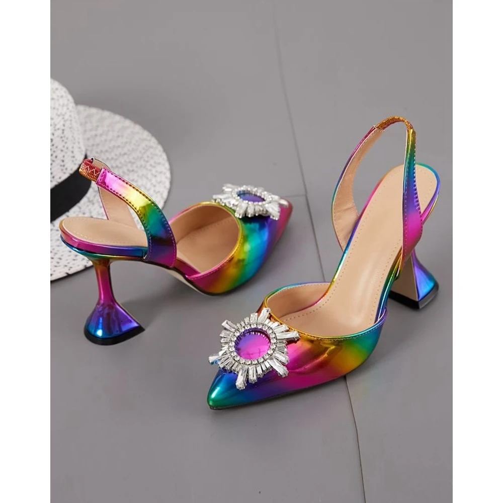 Women Multicolor Flower Pattern Rhinestone Decor Back Strap Pumps Summer Fashion Pointed Toe Midi Heeled Shoes Party Sandals