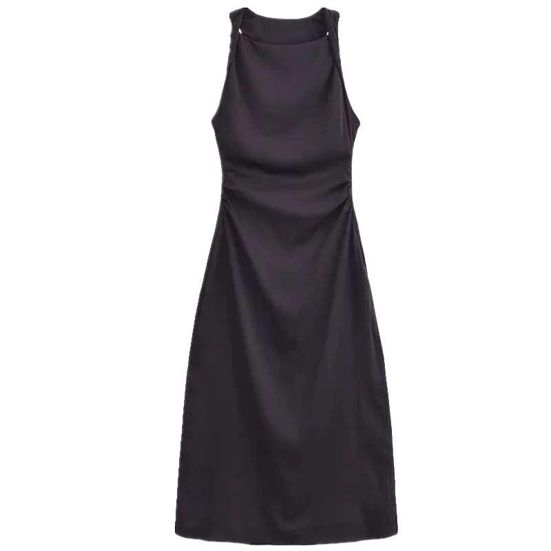 Robe mi-longue en Satin de soie plissée pour femmes, coupe cintrée, Ele Sle, une pièce, tendance, printemps 2024