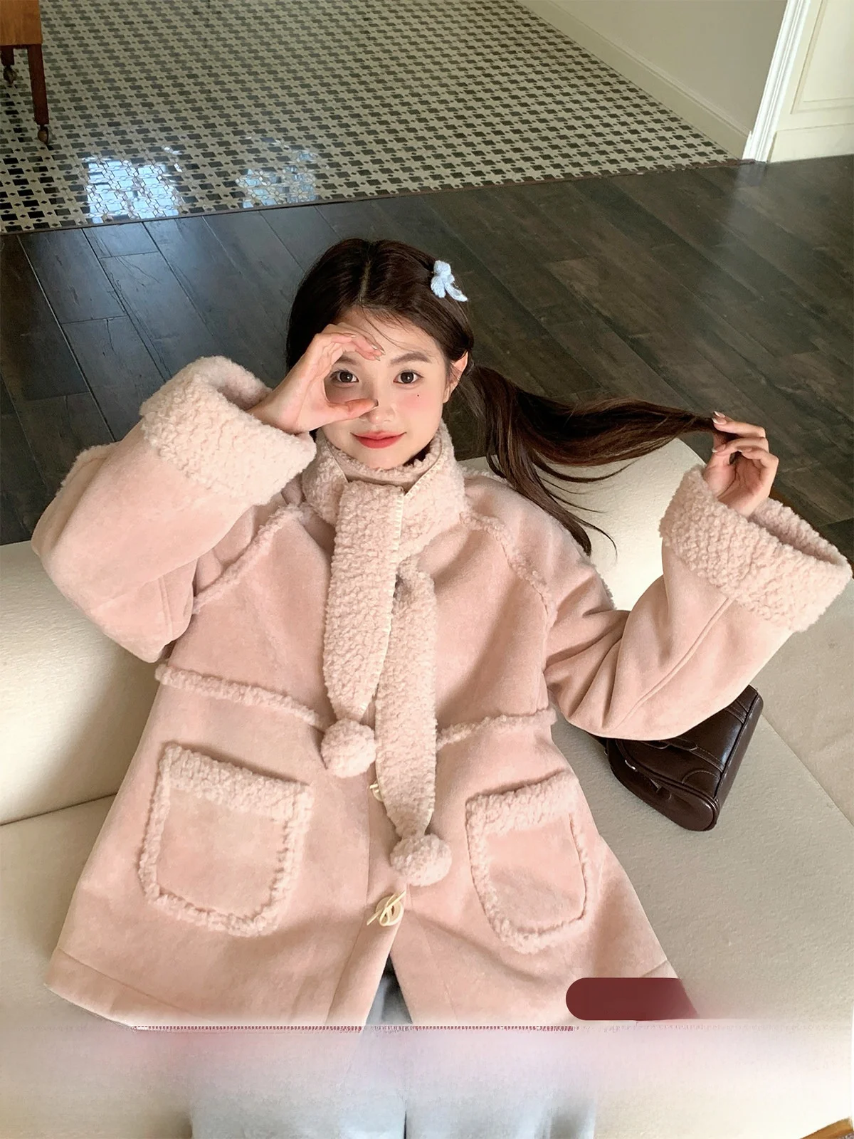 

MUCHA деревянное чайное женское замшевое пальто из зимней куртки, милая лоскутная меховая кожа, внутренняя мягкая хлопковая верхняя одежда