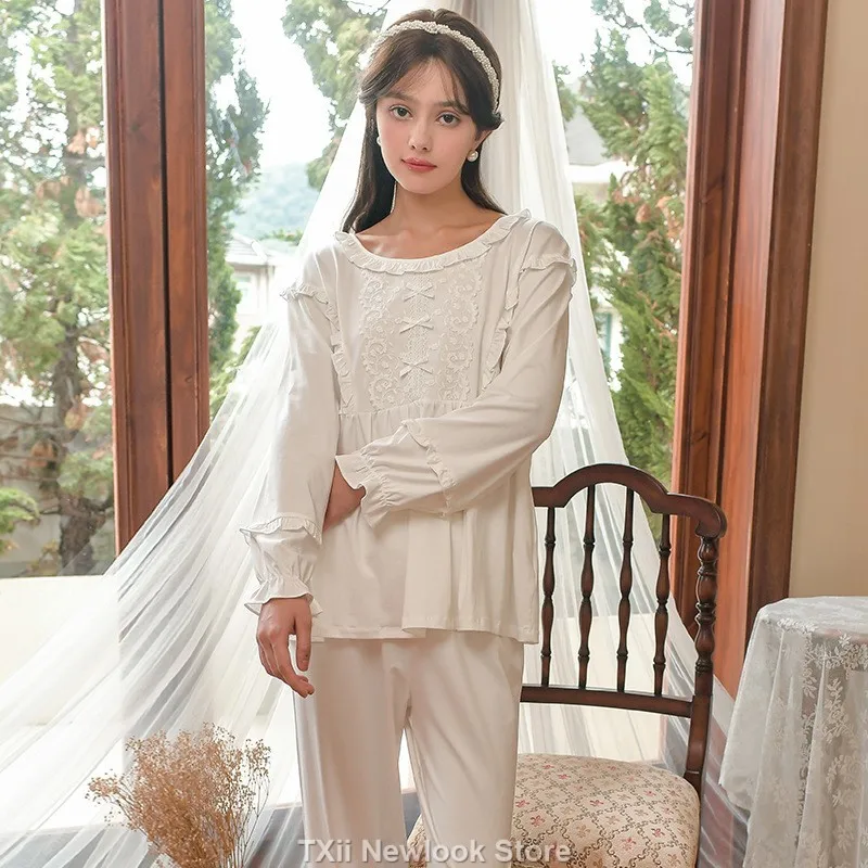 TXii Palace-style French sweet lace pajamas set for women, long-sleeved home wear for autumn 2023.Spring and Autumn