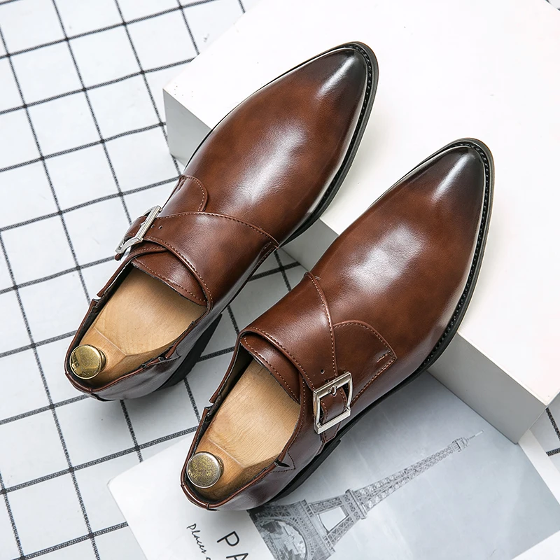 

Fashion Men's Monk Leather Shoes Buckle Pointed Dress Shoes Men Classic Business Formal Social Office Party Wedding Shoes