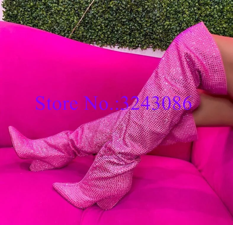 Crystal Spike Heel Over the Knee Lady Long Boots Fashion Bling Bling Wedge Boots Woman Sexy Banquet Shoes