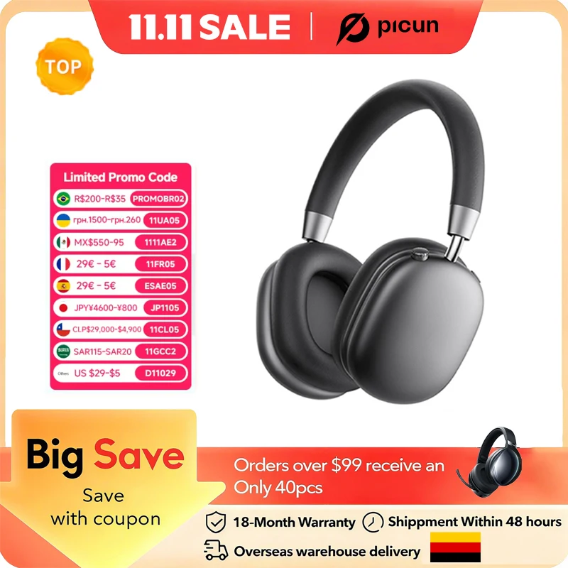 

Picun F5 ANC Wireless Bluetooth 5.3 Headphones Hi-Res Audio Over Ear Headset 25dB Adaptive Noise Cancellation Earphones 50H