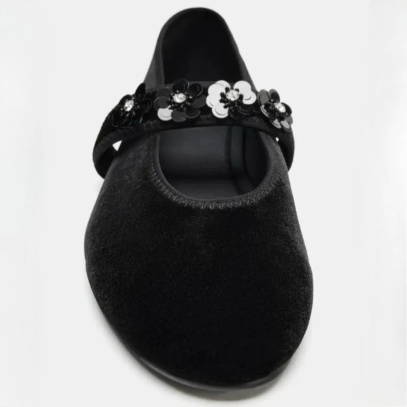 الجدة زهرة الترتر تزيين الباليه الشقق النساء الفاخرة المخملية جولة تو مصمم ماري جين أحذية مريحة لينة وحيد المتسكعون