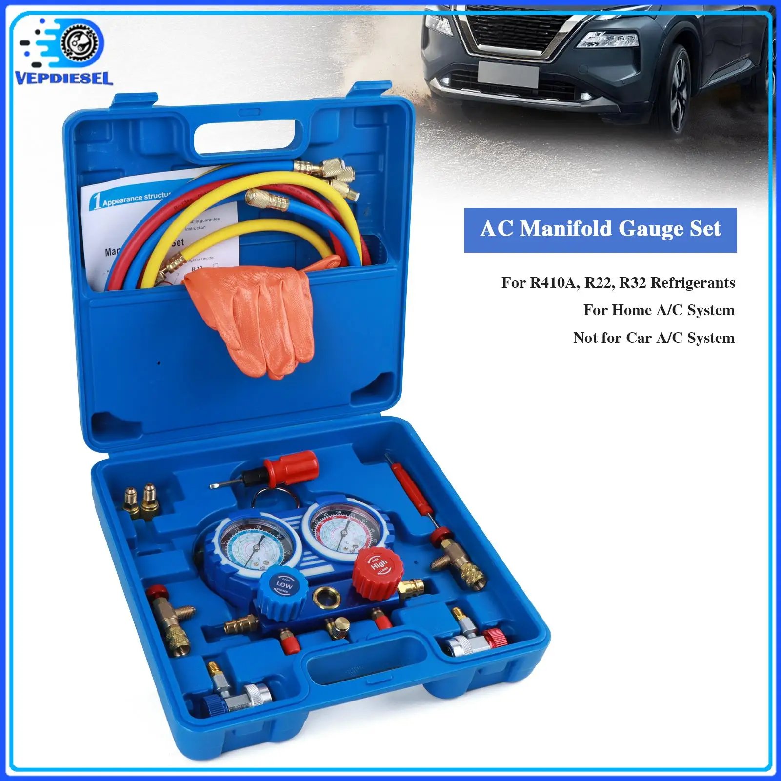 1set Manifold Gauge Kit, Diagnostic A/C Tool Kit for R410A