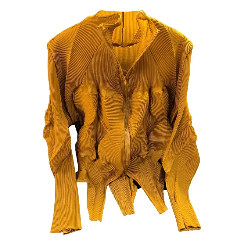 Blusa plisada Miyake de gama alta para mujer, cárdigan fino con cremallera, chaqueta versátil, ropa de otoño