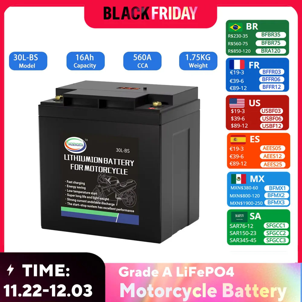 30L-BS 12V 16Ah Motorcycle Battery Built in BMS High Performance LiFePO4 Lithium Starting Battery for ATV Scooter 4 Wheeler Quad