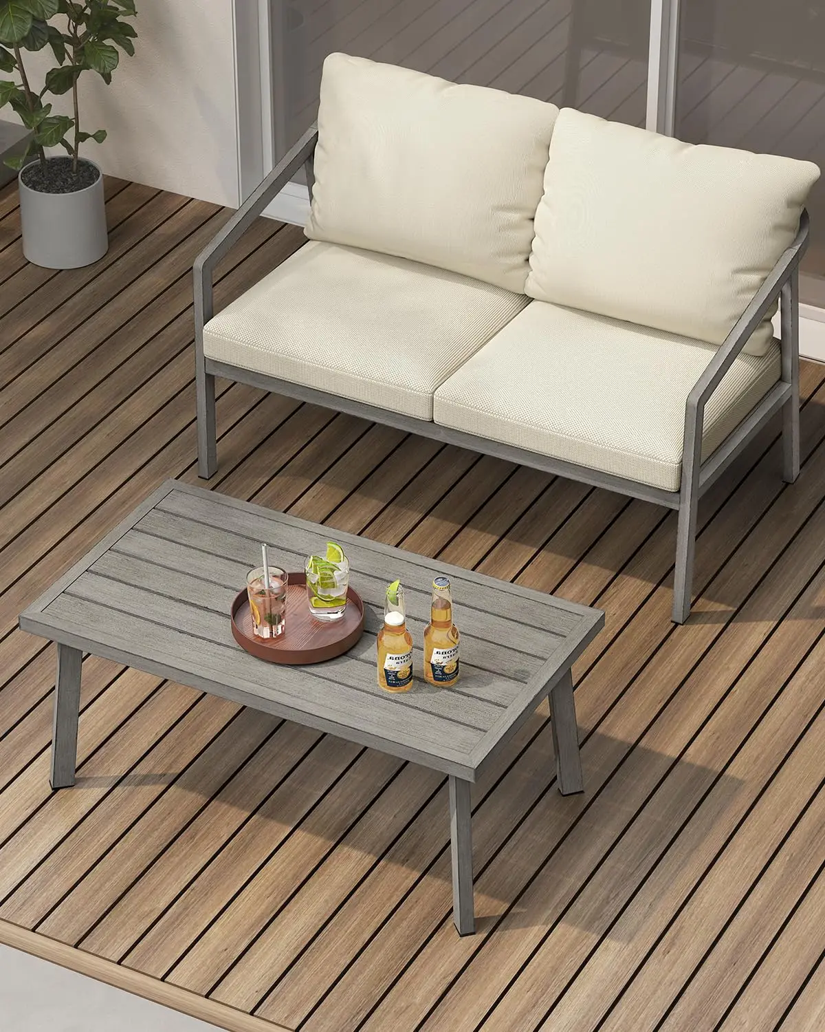 Patio Coffee Table, Never-Rust Aluminum Outdoor Coffee Table with Wood Grain Texture, Modern Rectangle Garden, Customized