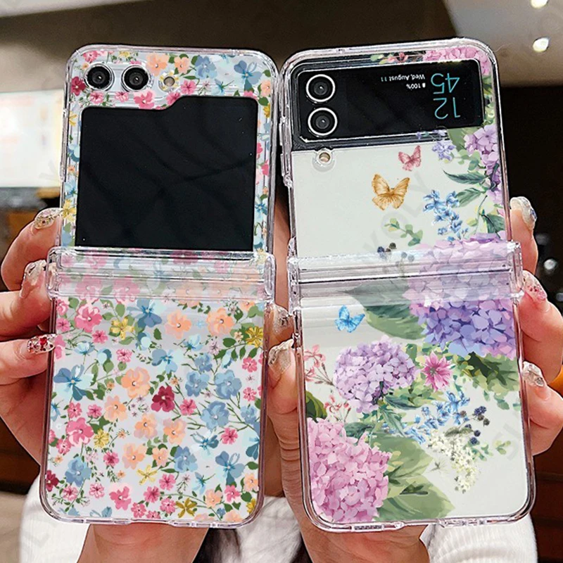 For Samsung Galaxy Z Flip 5 Z Flip 4 Z Flip 6 Flower Pattern Clear Case For Samsung Z5 Z4 Z3 Shockproof Hard PC Folding Cover