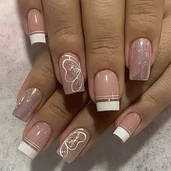24Pcs Glitter French Press on Nails Short Square Acrylic False Nails with Flower Diamonds Sweet Cool Black Fake Nails with Glue