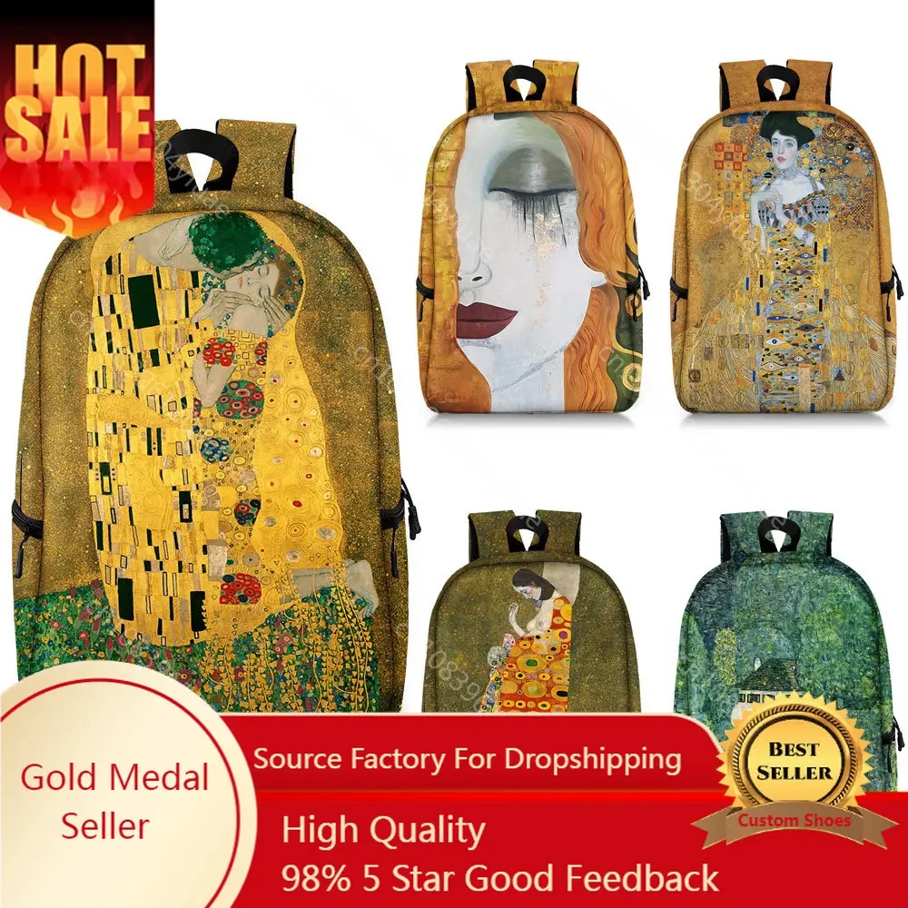 

Famous Oil Painting Tears Kiss By Gustav Klimt Backpack Women Rucksack Canvas Travel Bag Students School Bags Laptop Book Bag
