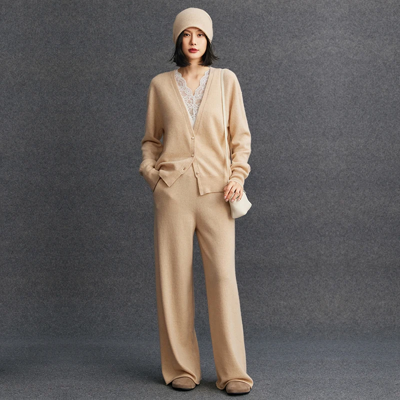 

Women's matching set 100% cashmere V-neck cardigan jacket casual knitted loose high waisted wide leg pants pocket two-piece set