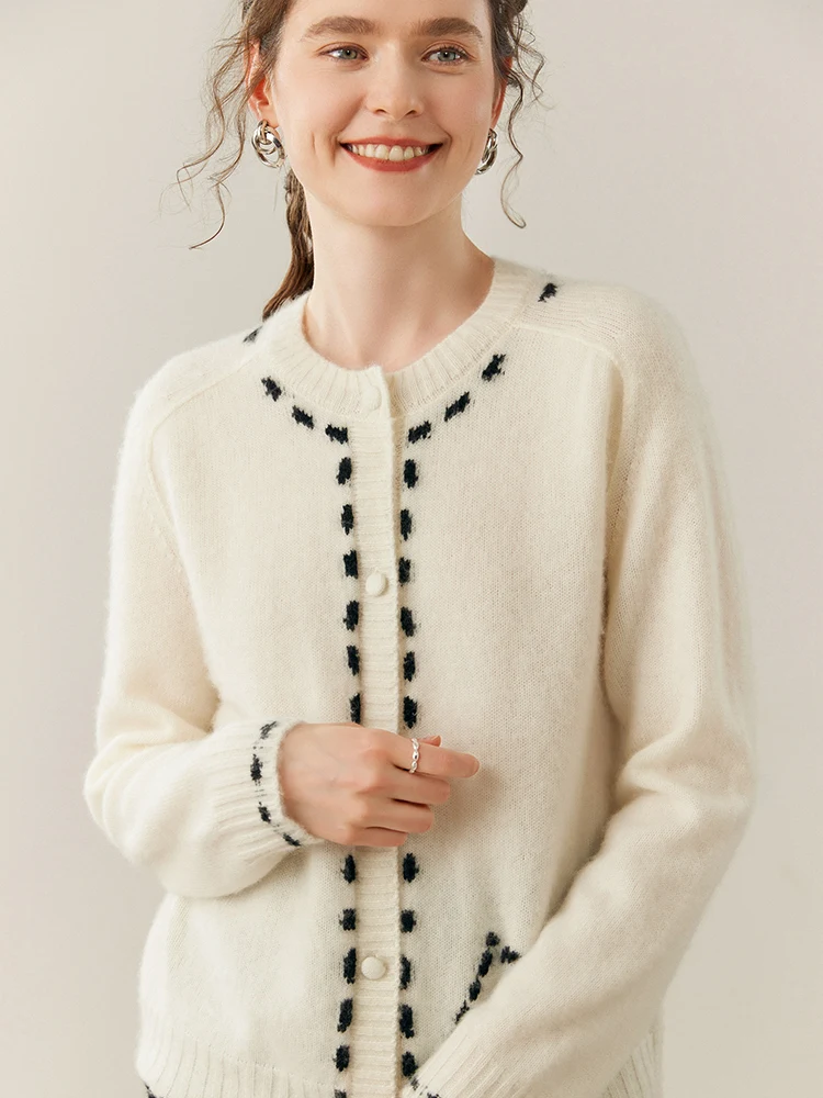 TLOML 여성용 100% 캐시미어 도트 라인 자카드 카디건 오넥 긴 소매 캐시미어 스웨터 가을 겨울 캐주얼 스타일 탑