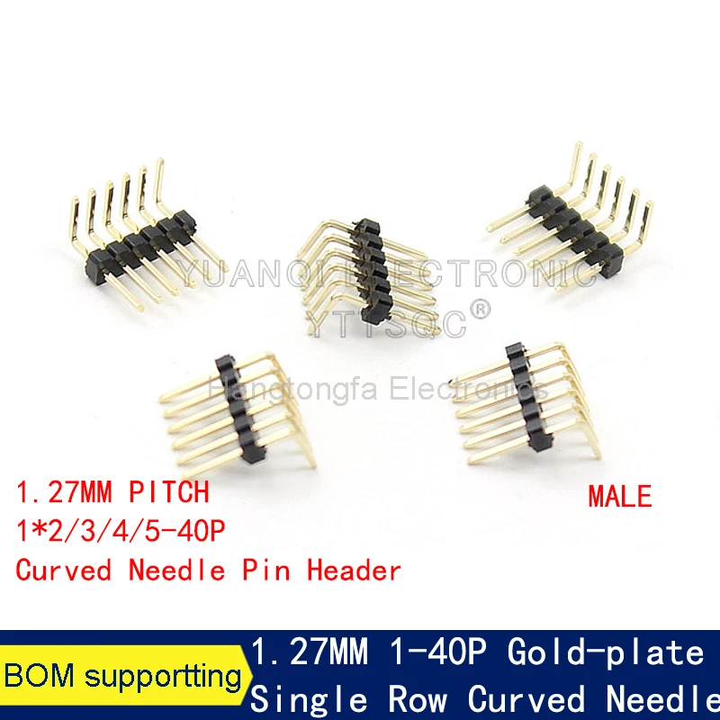싱글 더블 로우 직각 수컷 핀 헤더, 1.27mm RA 핀 헤더, 0.05 인치 PCB 분리형 골든 플레이트, 2, 3, 4, 5, 6, 7, 8, 9, 10, 25, 40, 50P