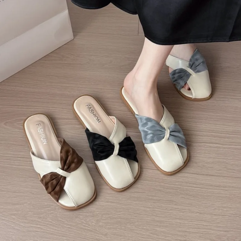 

Women Mules 2025 Summer Elegant Square Closed Toe Flat Slippers Female Shoes Casual Leather Black White Slides Plus Size 35 - 41