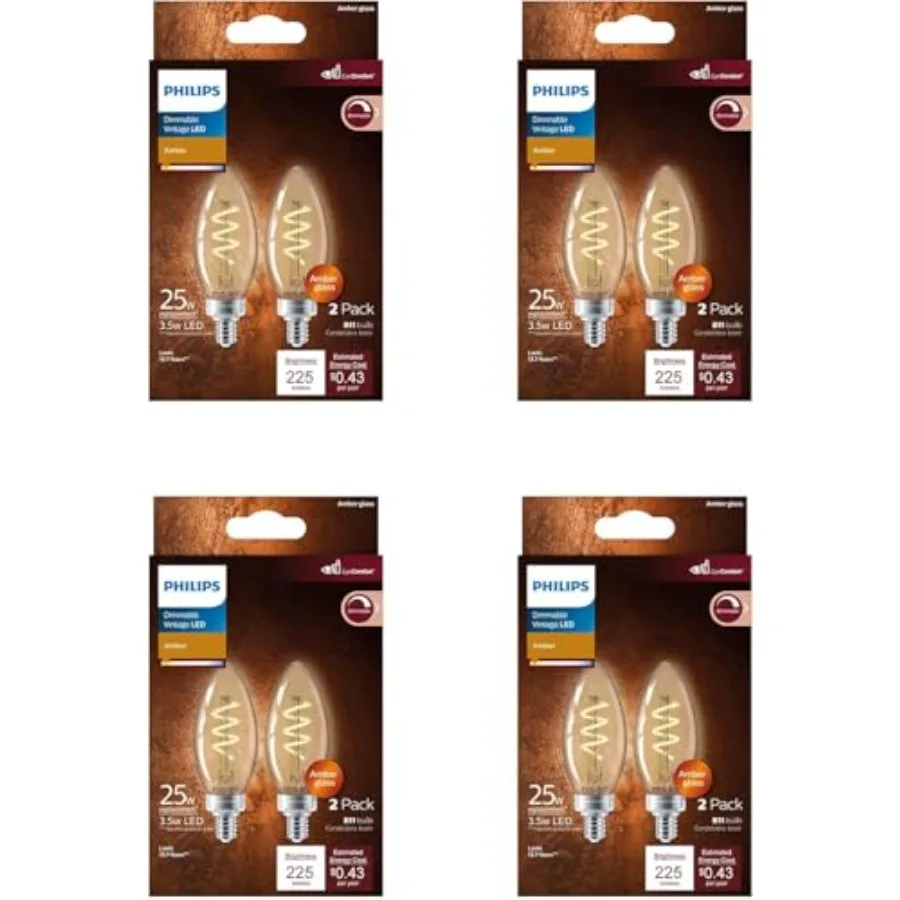 25W B11 8-Pack Vintage Edison Spiral Amber 2000K 225 Lumen (3.5W = 25W) Dimmable Flicker-Free Candelabra Light Bulbs