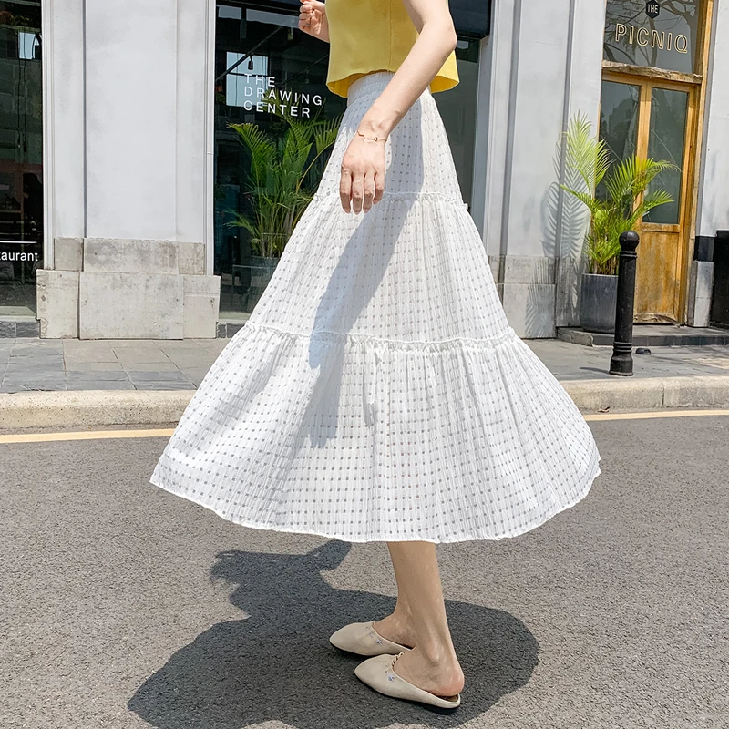 Plaid Black Lace Pleated Female Chiffon Long Skirt Fresh Women High Waist Hollow Solid Casual Vintage A-Line White Summer Skirts