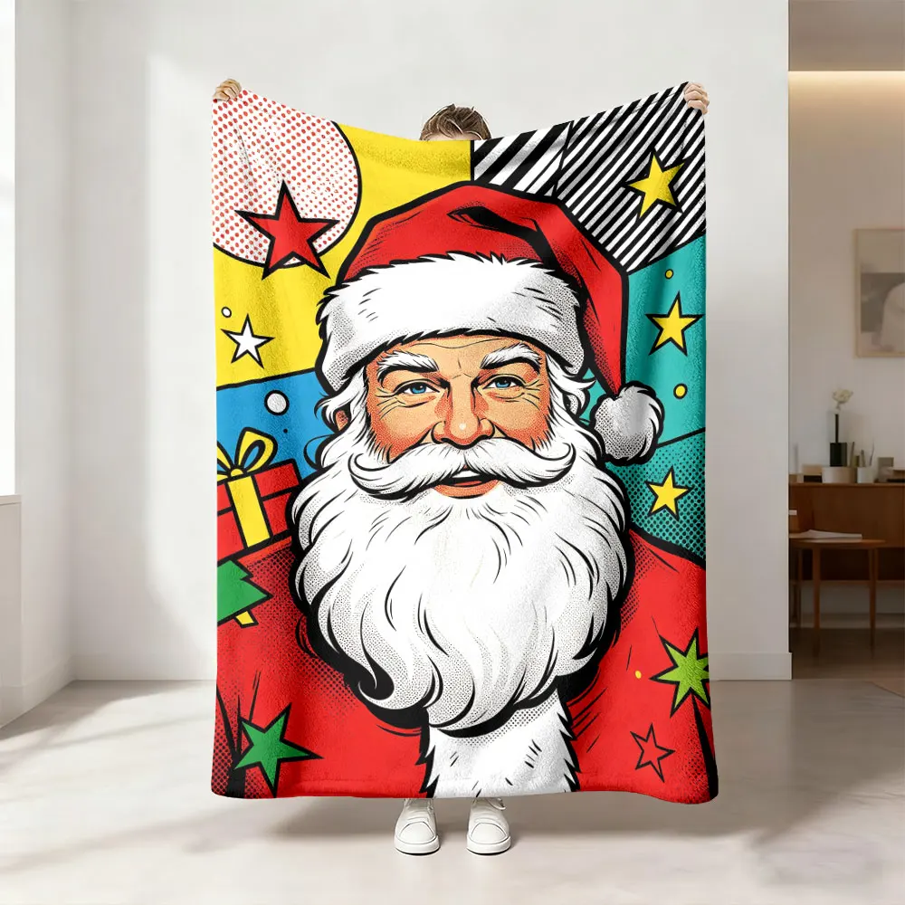 230g flannel blanket decorated with a pop-art Santa Claus image, suitable for all seasons and a perfect gift choice.