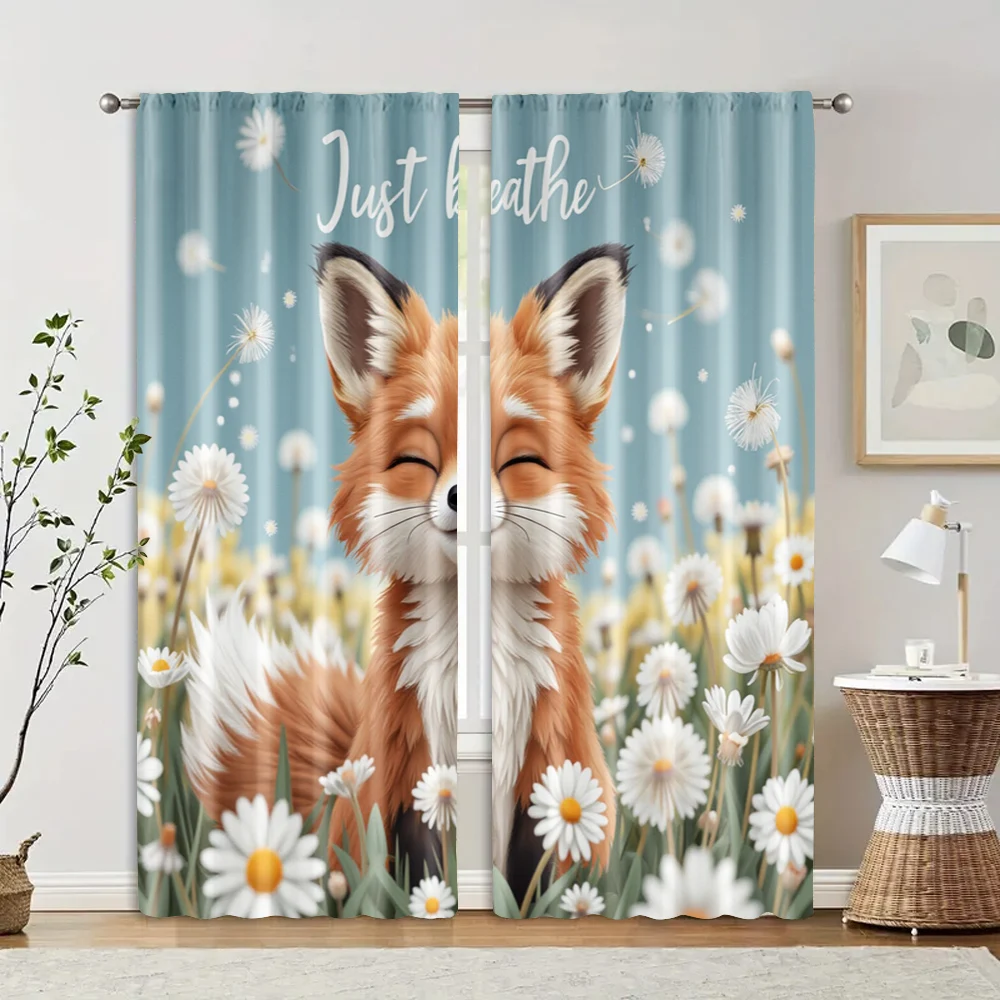 2pcs, Upscale Curtains Fox & Dandelion Machine Washable Fabric (without rod) Gifts Ldeal for Living Room, Bedroom, Kitchen,