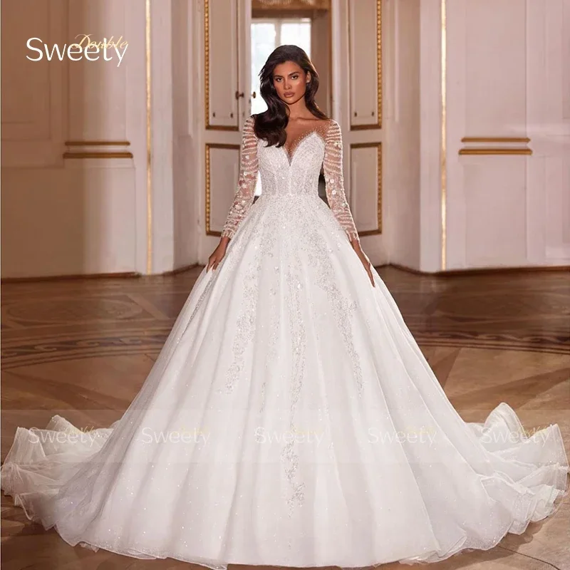 Luxurious Wedding Dress Embroidered Lace On Net With Sequins Ballgown O-Neck Full Sleeve Bride Button Robe De Mariee Customized