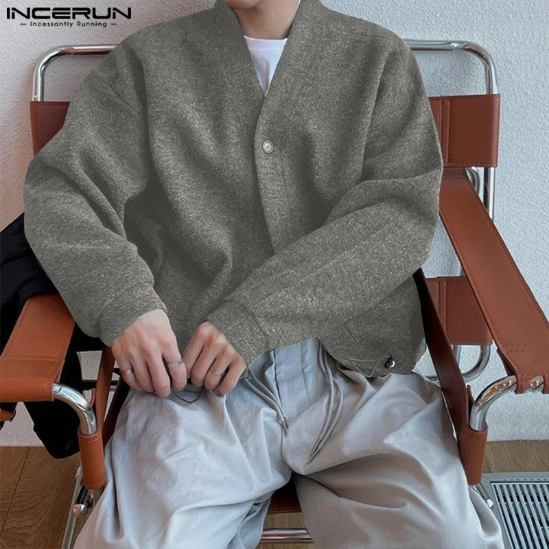 

INCERUN Men Cardigan Solid Color V Neck Long Sleeve Button Casual Male Sweater Streetwear Knitted 2025 Fashion Sweater Coats Men