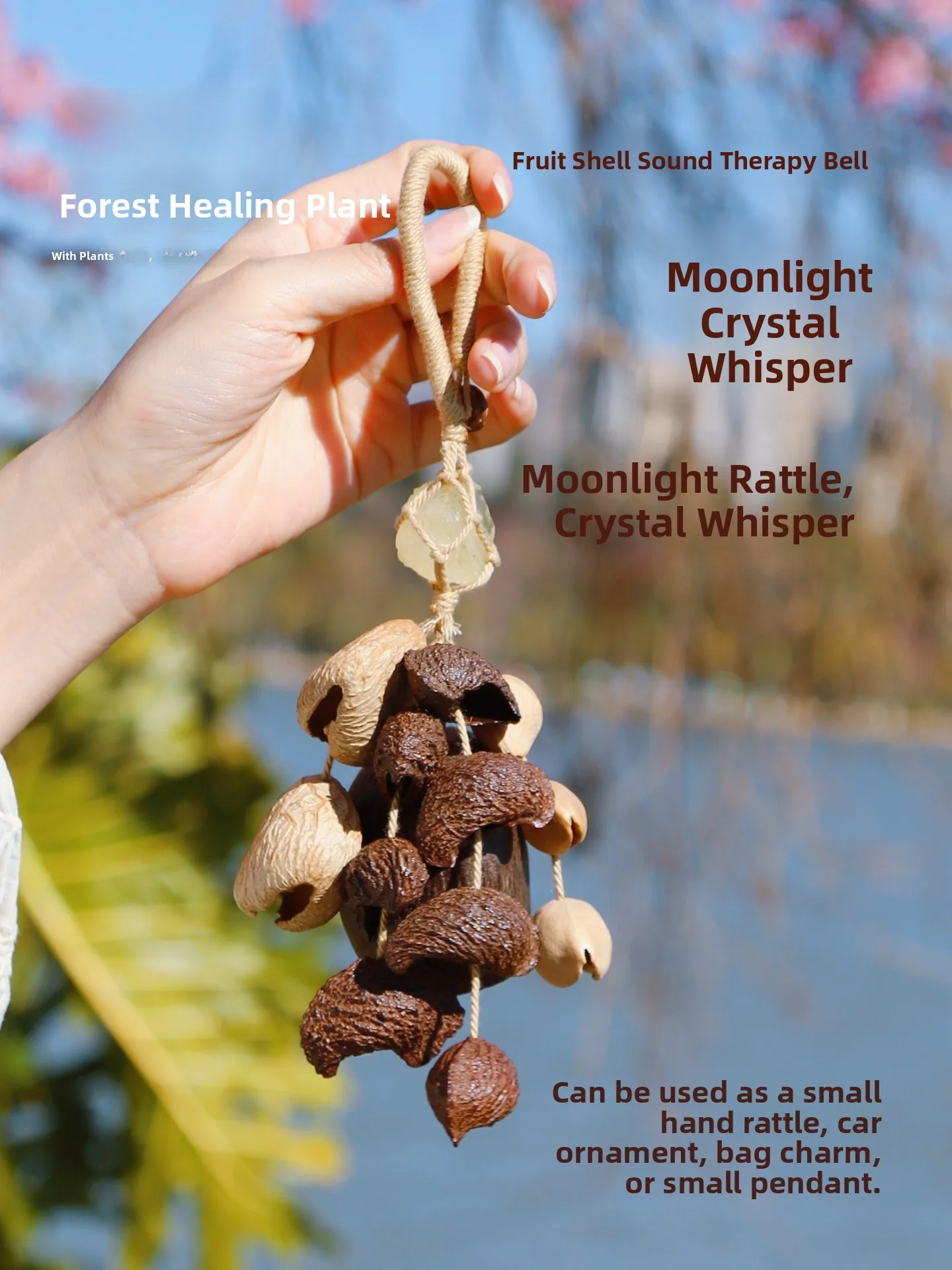 Menshino Natural Plant Seed Fruit  Bag Charm Moon Phase Pendant Hand Shake Bell Small Decoration Gift