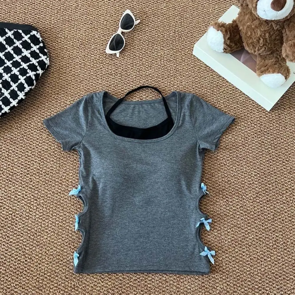 

Sweet Bowknot Fake Two Pieces T-shirt Hollow Slim Fit Halter T-shirt Women Undershirts Pullover Y2K Crop Tops Summer