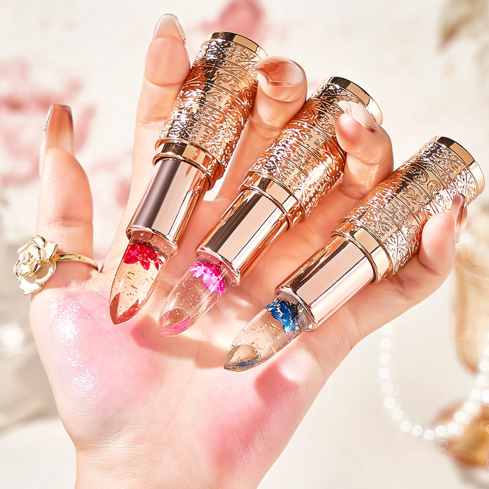 花の形をした透明なリップスティック,長持ちする保湿剤,クリスタルのゼリースティック,温度変化,リップケア,2色