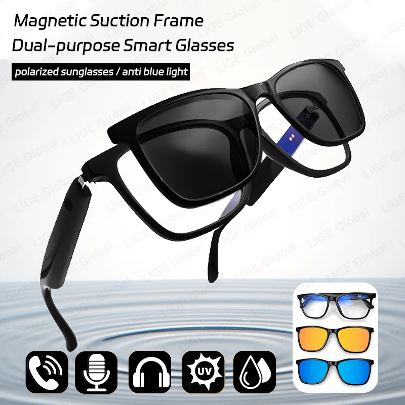 

LIGE Polarized Sunglasses Headphones AI Voice Wireless Call Magnetic Frame Glasses UV Protection Anti-blue Light For Men Women