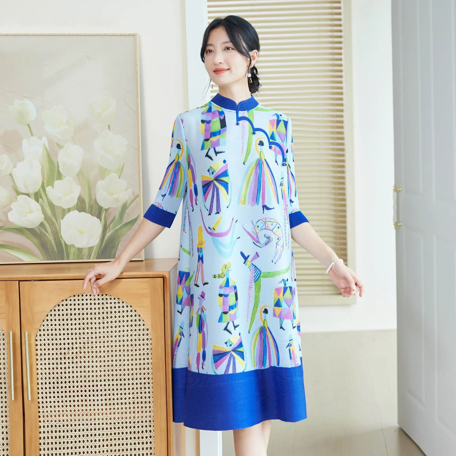 Miyake Pleated Elegant Dress for Women, New Chinese Style Improved Style Cheongsam Fashion Printed Mother's Dress, 2024 New