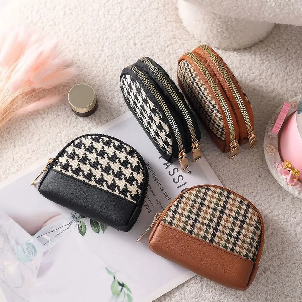 Temperamental dompet koin wanita, dompet kain Houndstooth Mini kanvas, dompet koin pemegang kartu, tas kulit