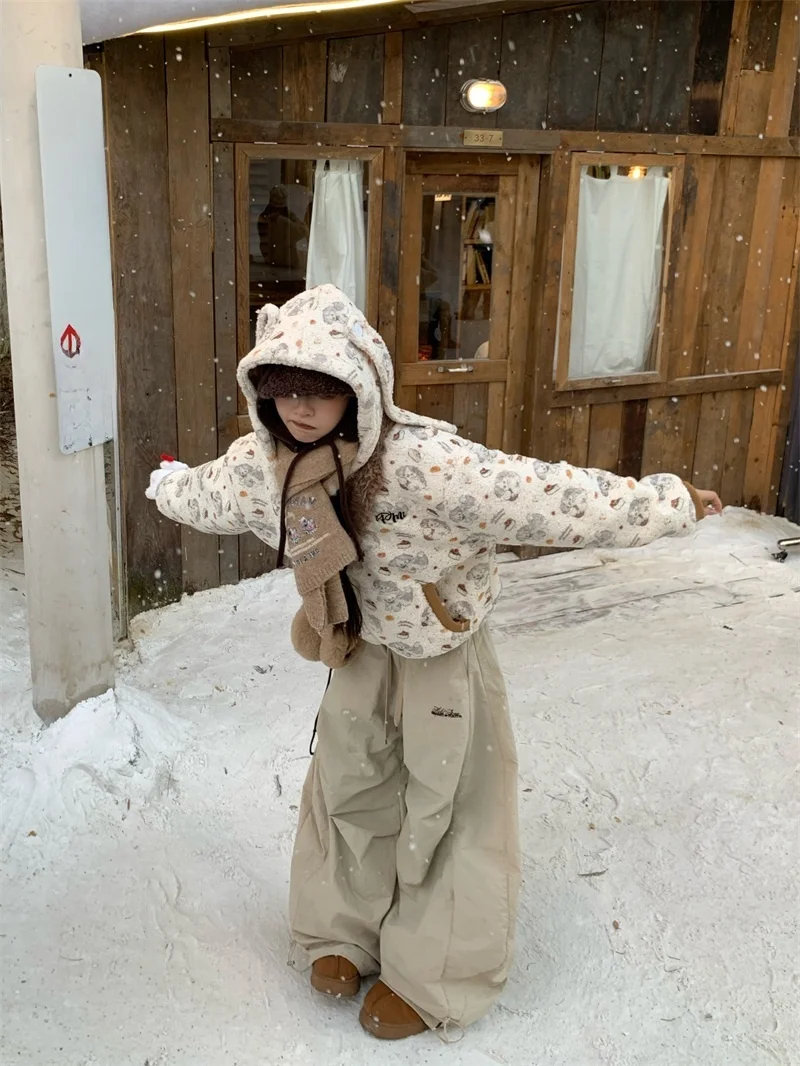 

American Sle Rabbit Ear Hooded Lamb Velvet Jaet Women's Autumn Winter Loose ort Cotton Coat Faionable All-Match