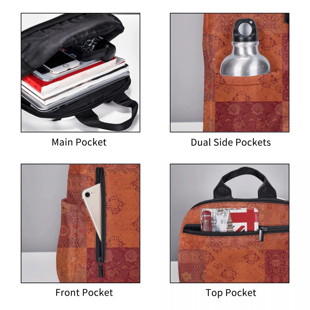 Vintage Bohemian Quilt In Burnt Orange Backpack Daypack Large Capacity Kids BookBag School Bag Shoulder Bags for Men Women - view 5