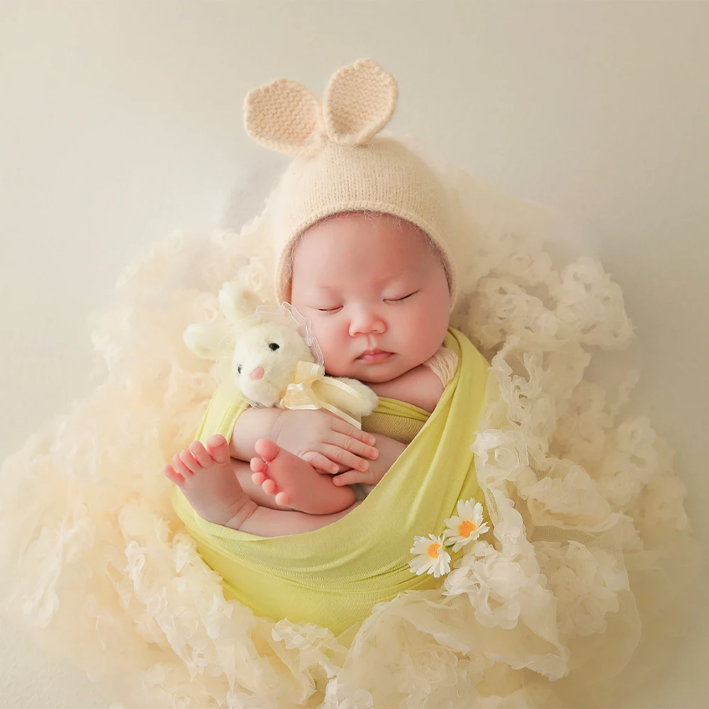 Couverture en dentelle florale avec oreilles de lapin, emmaillotage Pro rond, accessoires de photographie, enveloppes commandées en coton, chapeau pour studio photo de bébé