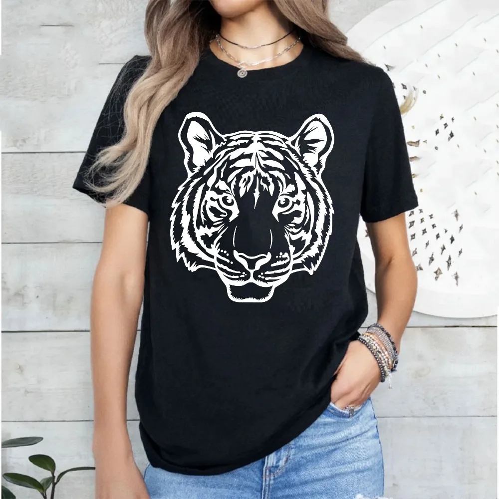 Tiger Head Graphic T-Shirt Women Vintage Wild Animal Print Tee Casual Cotton Tees Safari Jungle Style Shirt Gift for Animal Love