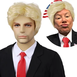 Syntetyczna blond kostiumowa peruka Trump dla dorosłych ze śmiesznymi naklejkami męskie warstwowe peruki termoodporne znanych ludzi peruki Cosplay