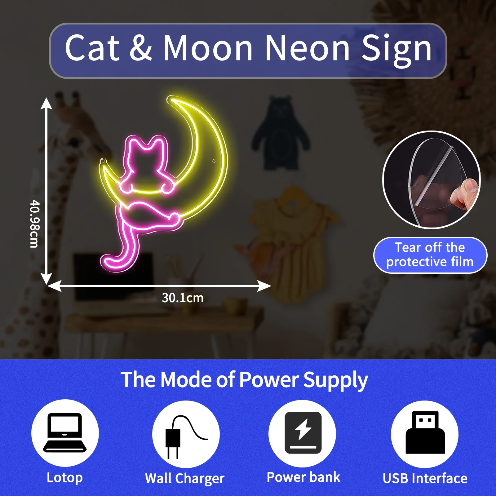 Anime Cat & Moon Neon Sign Personalized Neon Signs for Room Wall Decor LED Night Lights Home Decor Lights  Gift for Girls Boys