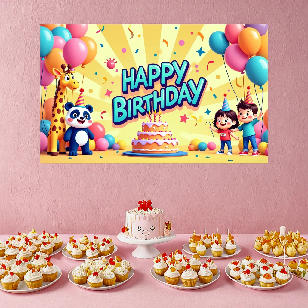 Party Backdrop Birthday with Balloons Cake Cartoon Animals for Event Kids Celebration Photography Decoration Background Banners