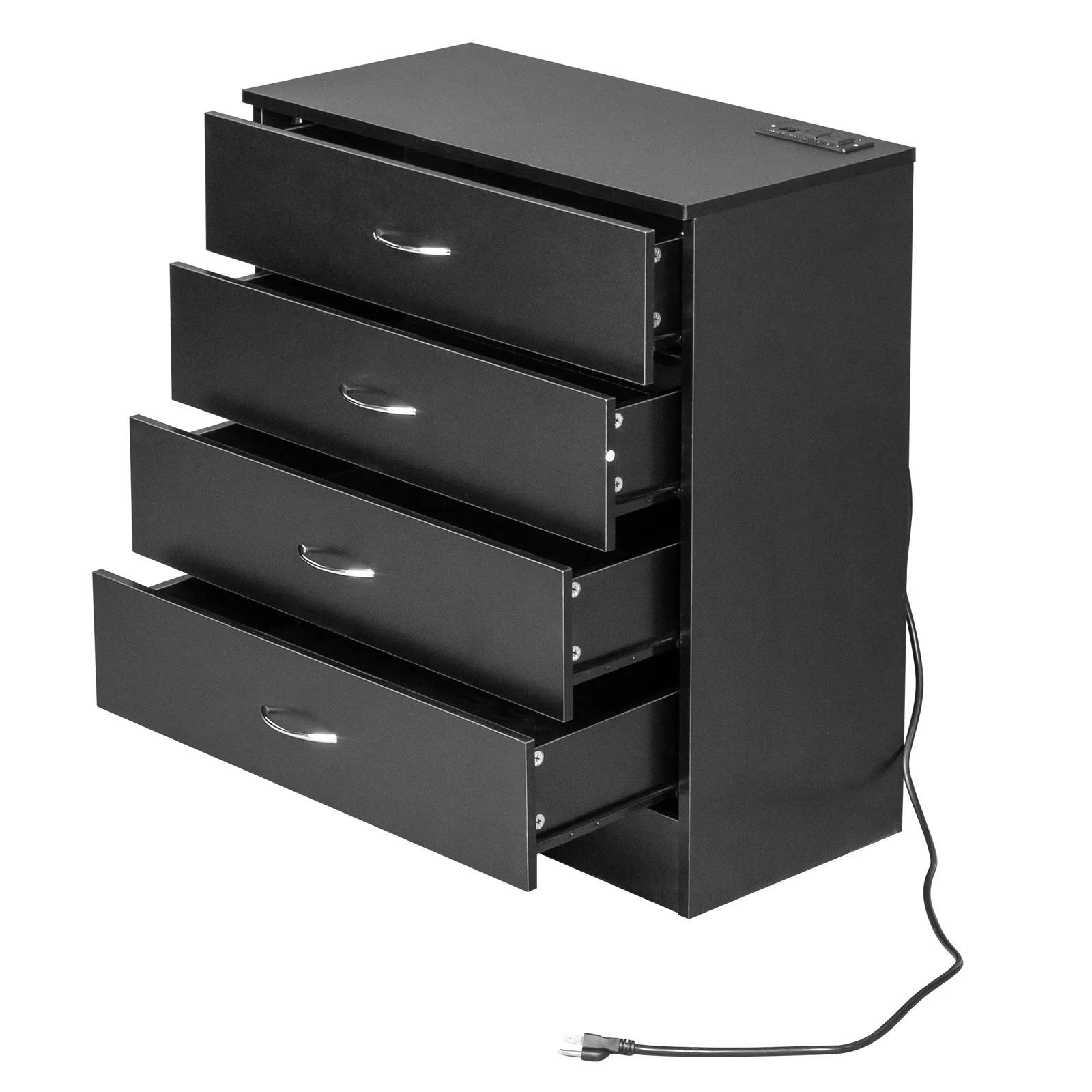 PB Wood Simple 4-Drawer Nightstand Dresser with USB Ports & Outlet Black